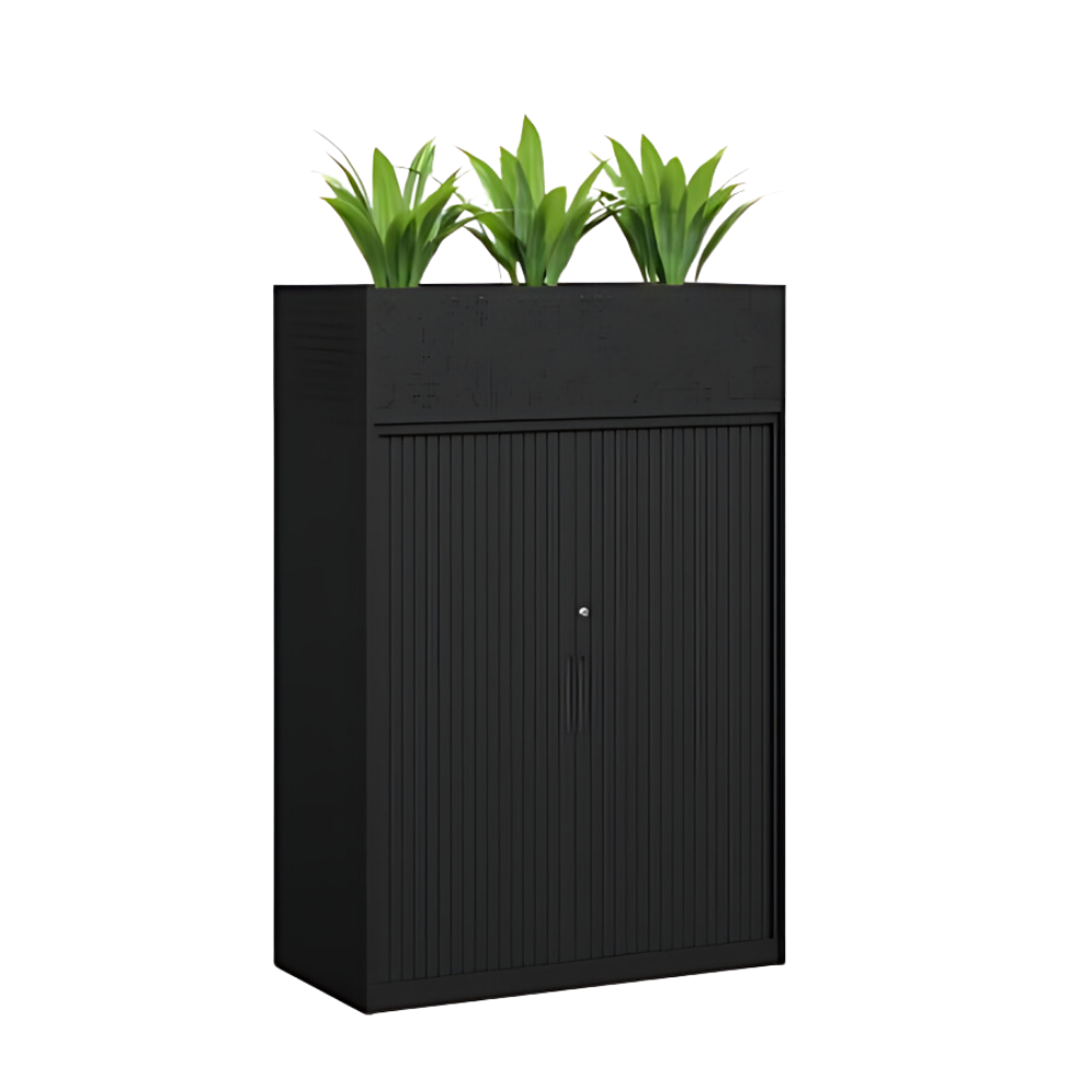 Lunar Metal Tambour Door Cupboard with planter box and plants